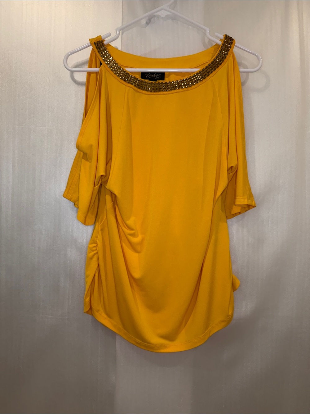 Thalia Sodi Yellow Cold Shoulder Beaded Necklace-Trim Dolman Blouse